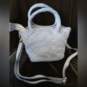 BOLSA NOVA Lisa Woven Mini Tote In Denim Blue with Top Handle & Shoulder Strap